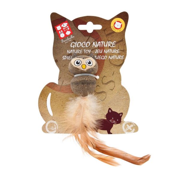 Gufetto con piume in catnip gioco per gatti nella sua confezione