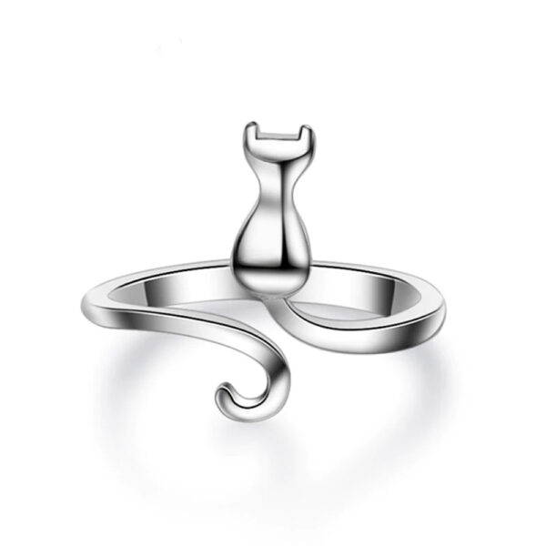 Anello d'argento regolabile a forma di gatto con coda
