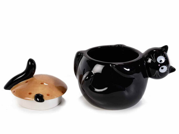 Barattolo in ceramica a forma di gatto ciccione, aperto