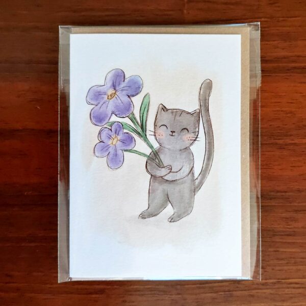Biglietto d'auguri gatto con fiorellini