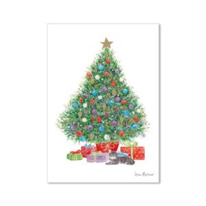 Biglietto di Natale con gattino e regali sotto l'albero