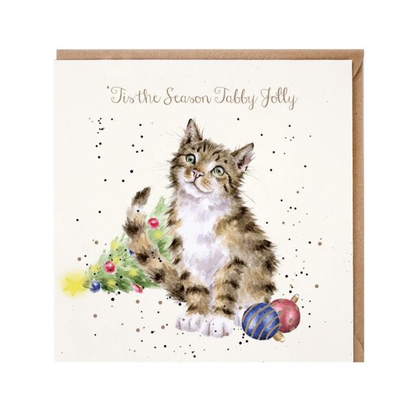 Biglietto natalizio gattino con albero e palline