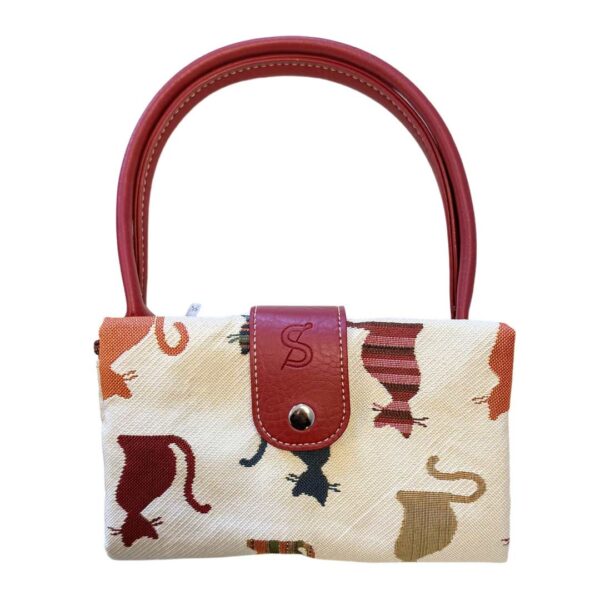 Borsa pieghevole in tessuto con sagome di gatti colorati, piegata