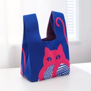 Borsetta jacquard con gatto rosa e gomitolo