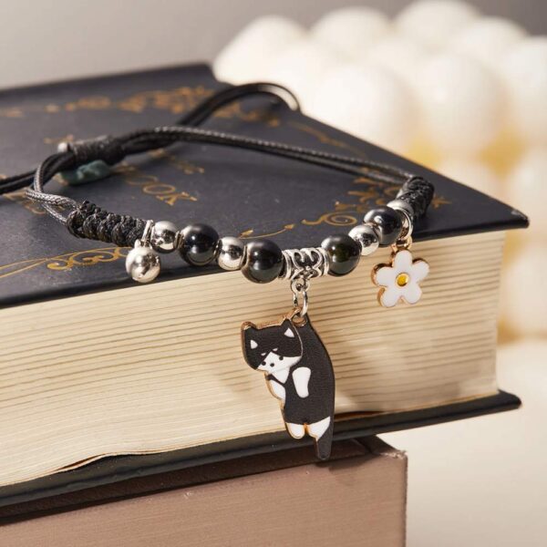 Braccialetto regolabile in tessuto gattino nero e charms 02