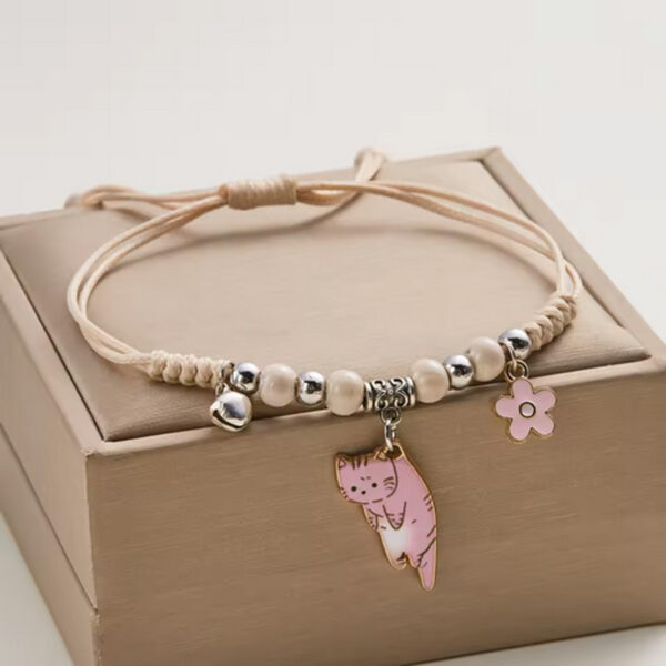 Braccialetto regolabile in tessuto gattino rosa e charms 02
