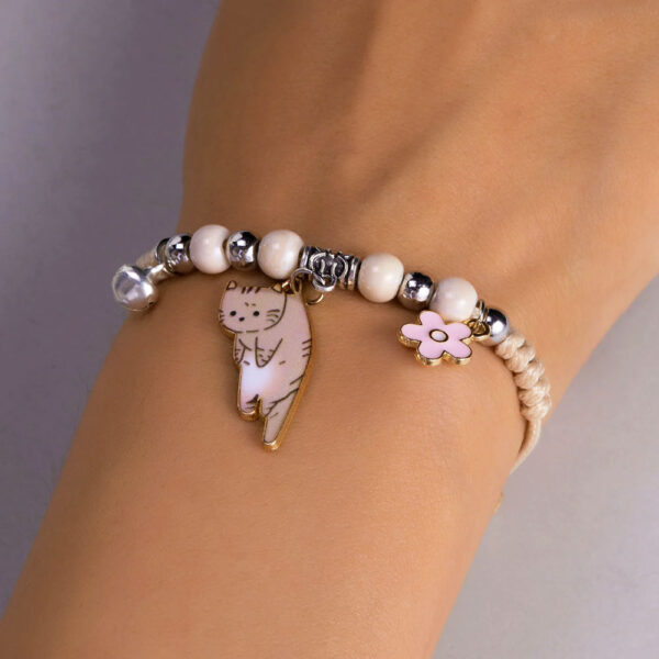 Braccialetto regolabile in tessuto gattino rosa e charms