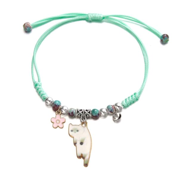 Braccialetto regolabile in tessuto verde acqua gattino e charms