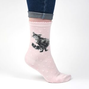 Calze rosa a pois bianchi con gattina