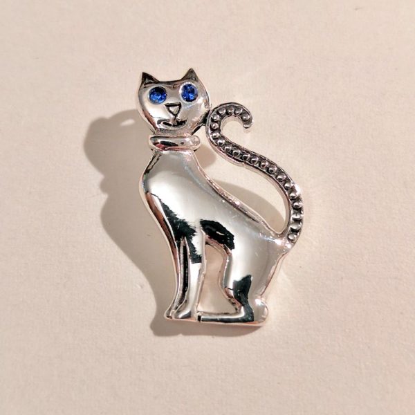 Ciondolo in argento 925 a forma di gatto con occhi blu, fronte