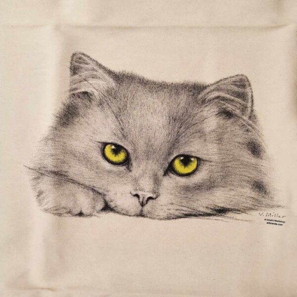 Borsa shopper in cotone gatto con occhi verdi, dettaglio