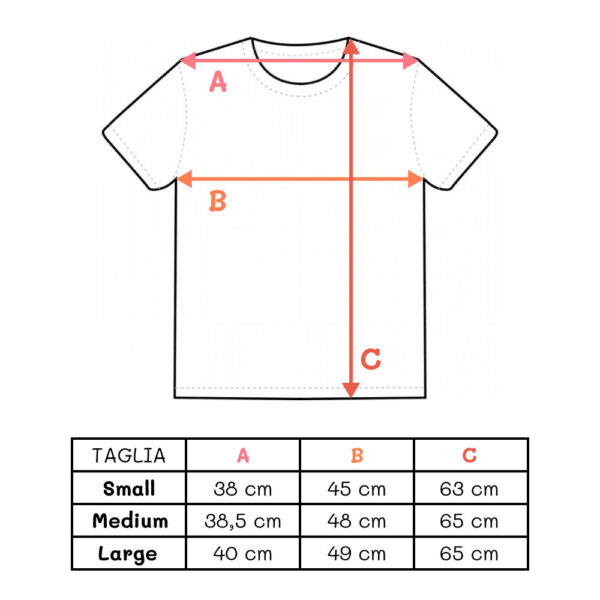 Maglietta t-shirt gattino con pesciolino, tabella misure taglie
