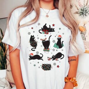 Maglietta t-shirt con gattini neri natalizi