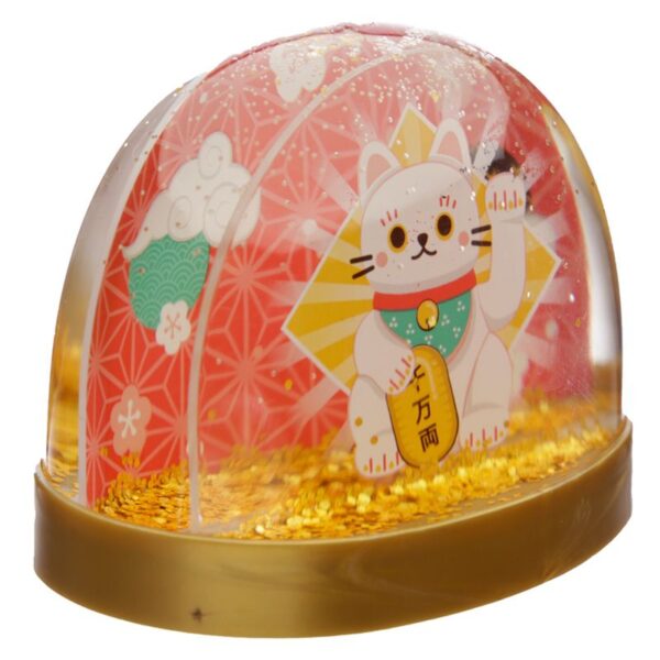 Palla con neve dorata gatto maneki bianco, lato
