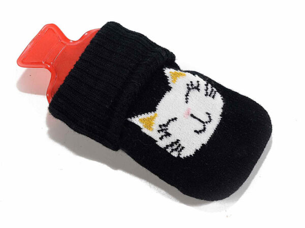 Scaldamani con copertura in maglia decorata con un musetto di gatto, boule in gomma