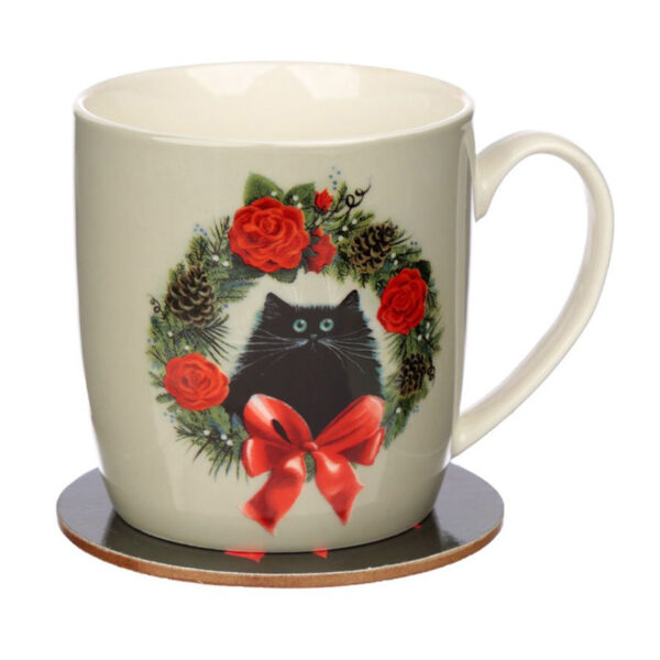 Set tazza e sottotazza natalizio con gatti e ghirlande