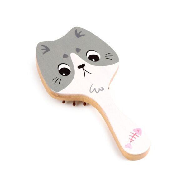 Spazzola per capelli in bambu musetto di gatto, bianco e grigio