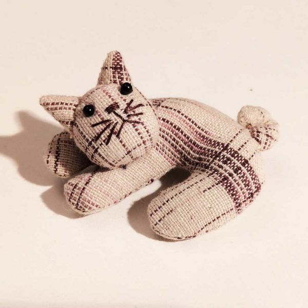 Spilla a forma di gatto in cotone tartan beige