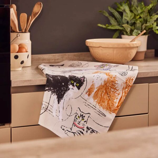 Strofinaccio in cotone con gatti disegnati, ambientato