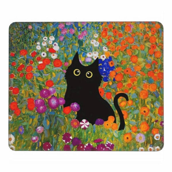 Tappetino mouse con gatto nero fra i fiori di Klimt