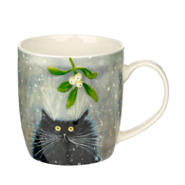 Tazza di Natale coi gatti pazzi disegnati da Kim Haskins, gatto nero con vischio