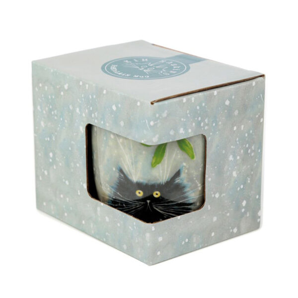 Tazza di Natale coi gatti pazzi disegnati da Kim Haskins, gatto nero con vischio confezione