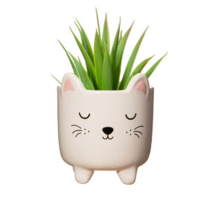 Vasetto in ceramica gatto bianco con zampette, con pianta