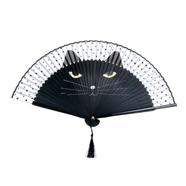 Ventaglio in legno di bambù e tessuto a forma di musetto di gatto nero